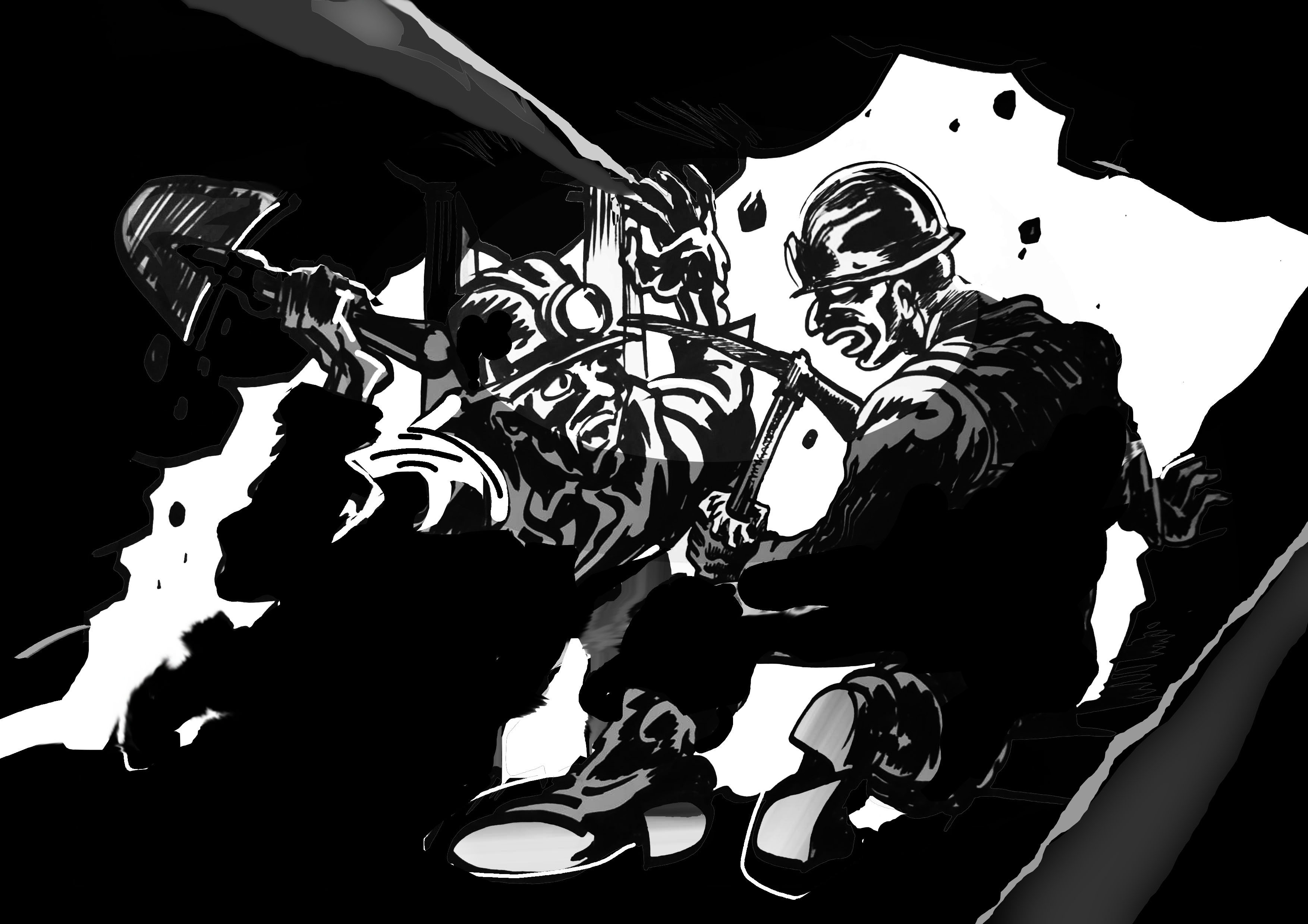 Yeraltında ya da kapalı bir maden tünelinde geçen dramatik bir an betimlenmiş. İki işçi (madenci ya da inşaat işçisi gibi) kask takmış durumda. Soldaki figür yere düşmüş veya çökmüş; yüzü acı ve şaşkınlık ifadesi taşıyor. Elinde bir kürek var ama kontrolünü kaybetmiş gibi. Sağdaki figür ise ayakta ya da yarı çömelmiş, elinde bir kazma veya levye benzeri ağır bir alet tutuyor; hareketi sert ve saldırgan izlenimi veriyor. Kompozisyon çok dinamik: kırık kaya parçaları, çatlaklar ve savrulan çizgiler ortamın çöktüğünü ya da şiddetli bir çatışma anını çağrıştırıyor. Arka plan neredeyse tamamen siyah; beyaz alanlar patlama, çökme veya yoğun ışık etkisi yaratıyor. Bu da sahneye kaotik, karanlık ve gergin bir atmosfer katıyor. Genel olarak görsel; emek, tehlike, şiddet ve çaresizlik temalarını çağrıştıran, oldukça sert ve dramatik bir anlatı sunuyor.