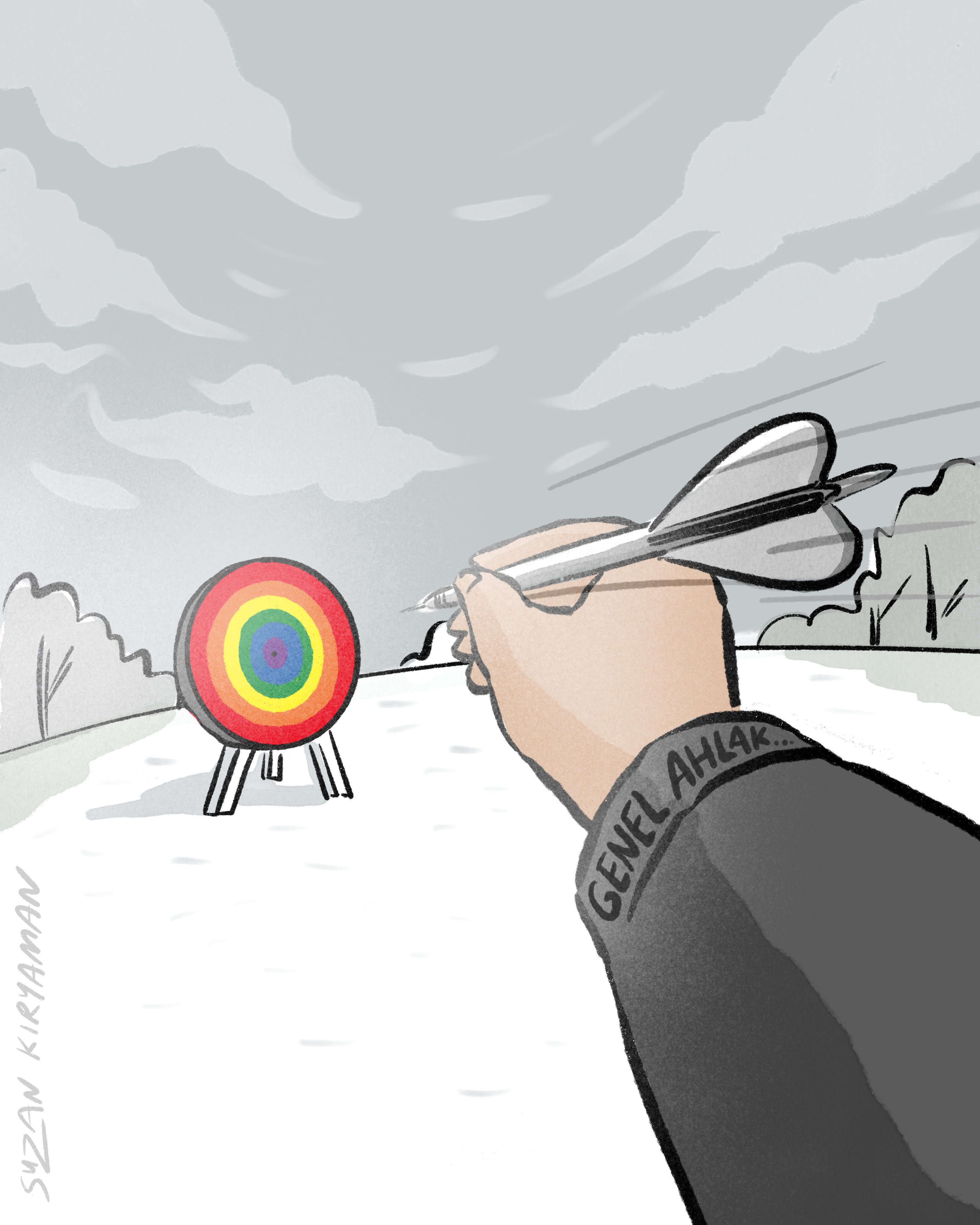 Ön planda, kolunda “GENEL AHLAK” yazan koyu renkli bir ceketin içinden çıkan bir el görünüyor. Bu el, ok yerine kalem biçiminde tasarlanmış bir dartı hedefe doğru fırlatıyor. Kalemin ucu hedefe yönelmiş durumda ve hareket çizgileri atışın hızını gösteriyor. Arka planda bir okçuluk hedef tahtası var. Hedefin halkaları gökkuşağı renklerinde (kırmızıdan mora doğru) boyanmış. Hedef, üç ayaklı bir sehpa üzerinde duruyor. Gökyüzü gri ve bulutlu; genel atmosfer kasvetli.