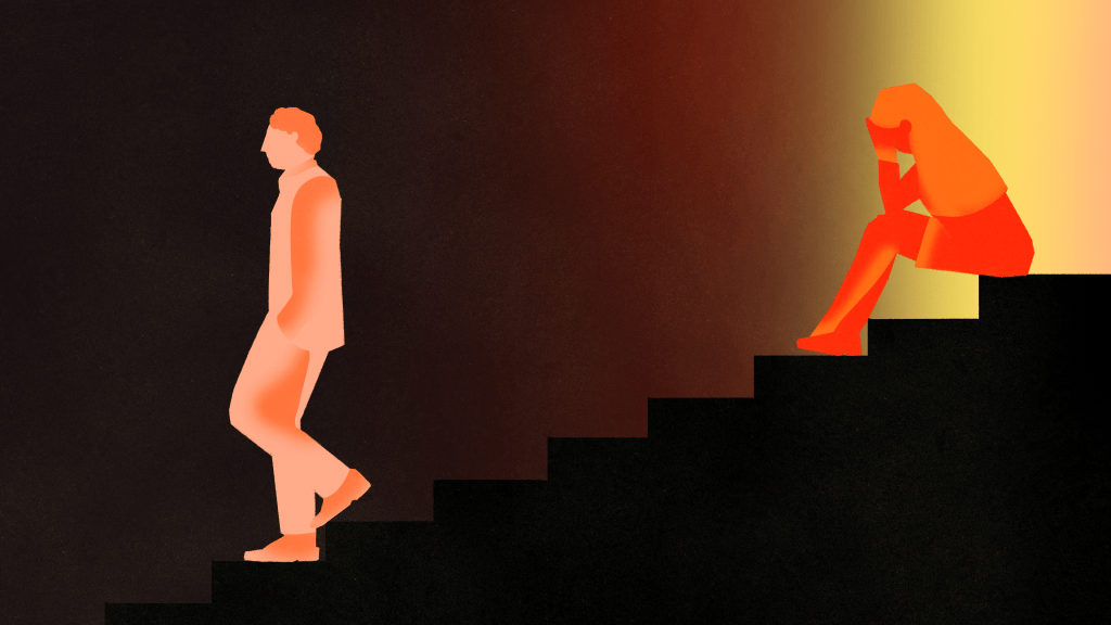 Karanlık bir arka plan üzerinde iki insan silueti merdivenlerde yer alıyor. Soldaki kişi aşağı doğru inerken durgun ve düşünceli bir halde görünüyor. Sağdaki kişi ise merdivenin üst basamaklarında oturmuş, başını ellerinin arasına almış ve üzgün bir duruş sergiliyor. Sıcak turuncu ve kırmızı tonlar sahneye dramatik ve melankolik bir atmosfer katıyor. Görsel, içsel çatışma ve duygusal yük hissini sembolik bir şekilde yansıtıyor.