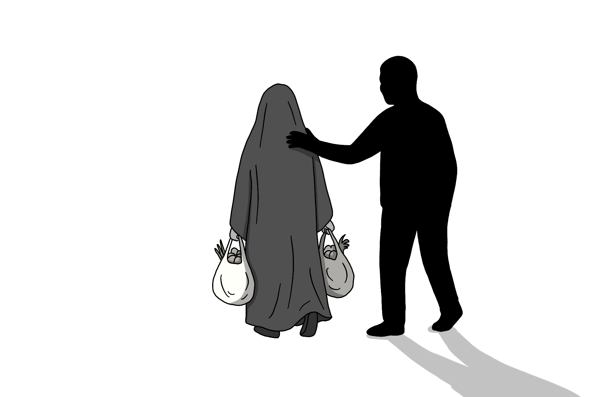 Beyaz arka planda, çarşaf ya da peçe benzeri koyu gri bir örtüyle tamamen kapanmış küçük bir figür görülüyor. Figürün iki yanında alışveriş torbaları var; torbalardan eller ve eşya benzeri şekiller çıkıyor. Sağında tamamen siyah siluet halinde çizilmiş, daha iri bir erkek figürü duruyor. Elini örtülü kişinin omzuna koymuş gibi. Görsel, baskı, kontrol, gözetim ya da tehdit hissi uyandırıyor.
