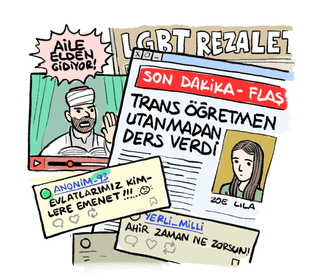 Ortada, Zoe Lila’yı hedef alan gazete manşetleri ve sosyal medya yorumlarının üst üste geldiği bir kolaj çizimi bulunuyor.