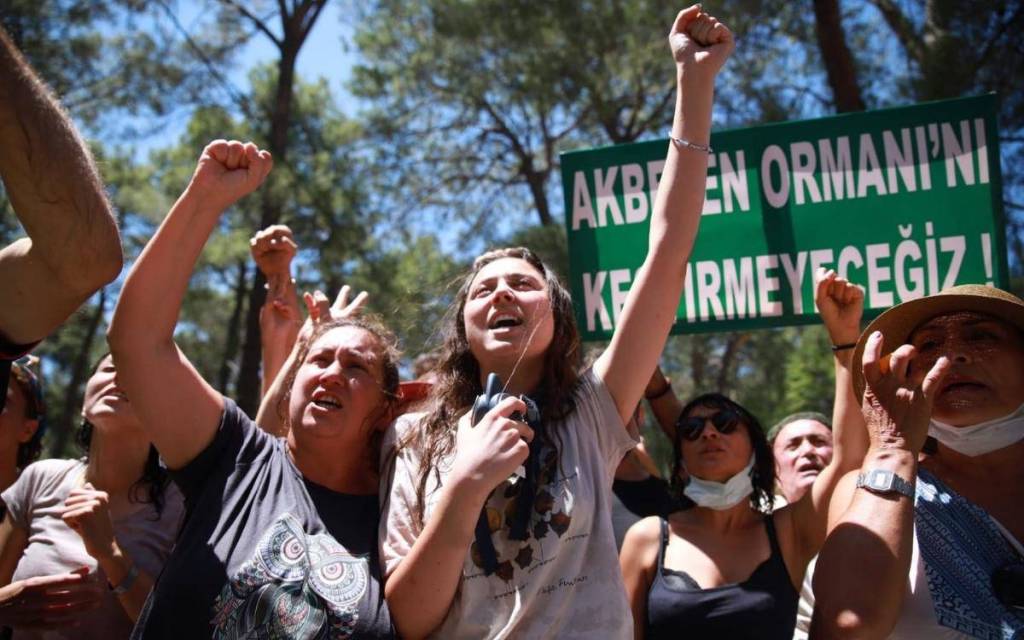 Görselde, güneşli bir günde çam ağaçlarının altında toplanmış kalabalık bir grubun protesto anı yer alıyor. Ön planda, elindeki megafon mikrofonuyla coşkuyla slogan atan genç bir kadın ile çevresindeki kadınlar yumruklarını havaya kaldırmış durumda. Grubun arkasında ise yeşil zemin üzerine beyaz büyük harflerle "AKBELEN ORMANI'NI VERMEYECEĞİZ!" yazılı bir pankart taşınıyor.